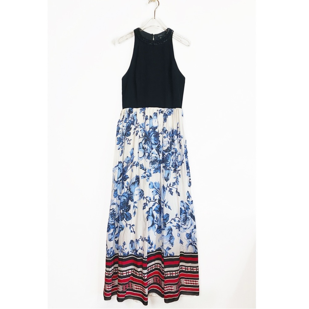 ATSU Anthropologie Beaded Bodice Maxi Dress Floral and Ikat pattern size 4P